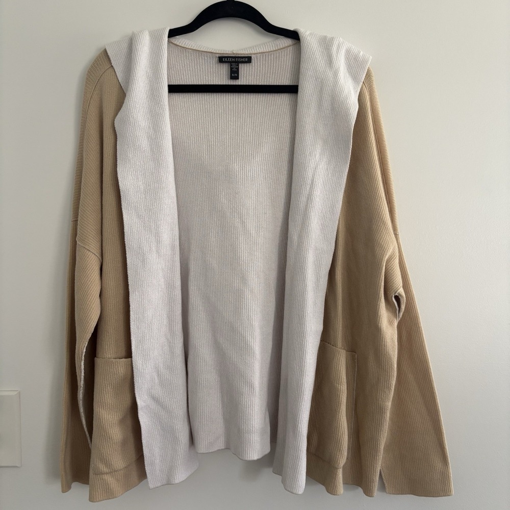 Eileen Fisher Peruvian Organic Cotton Hooded WhiteBeige Cardigan SzXL